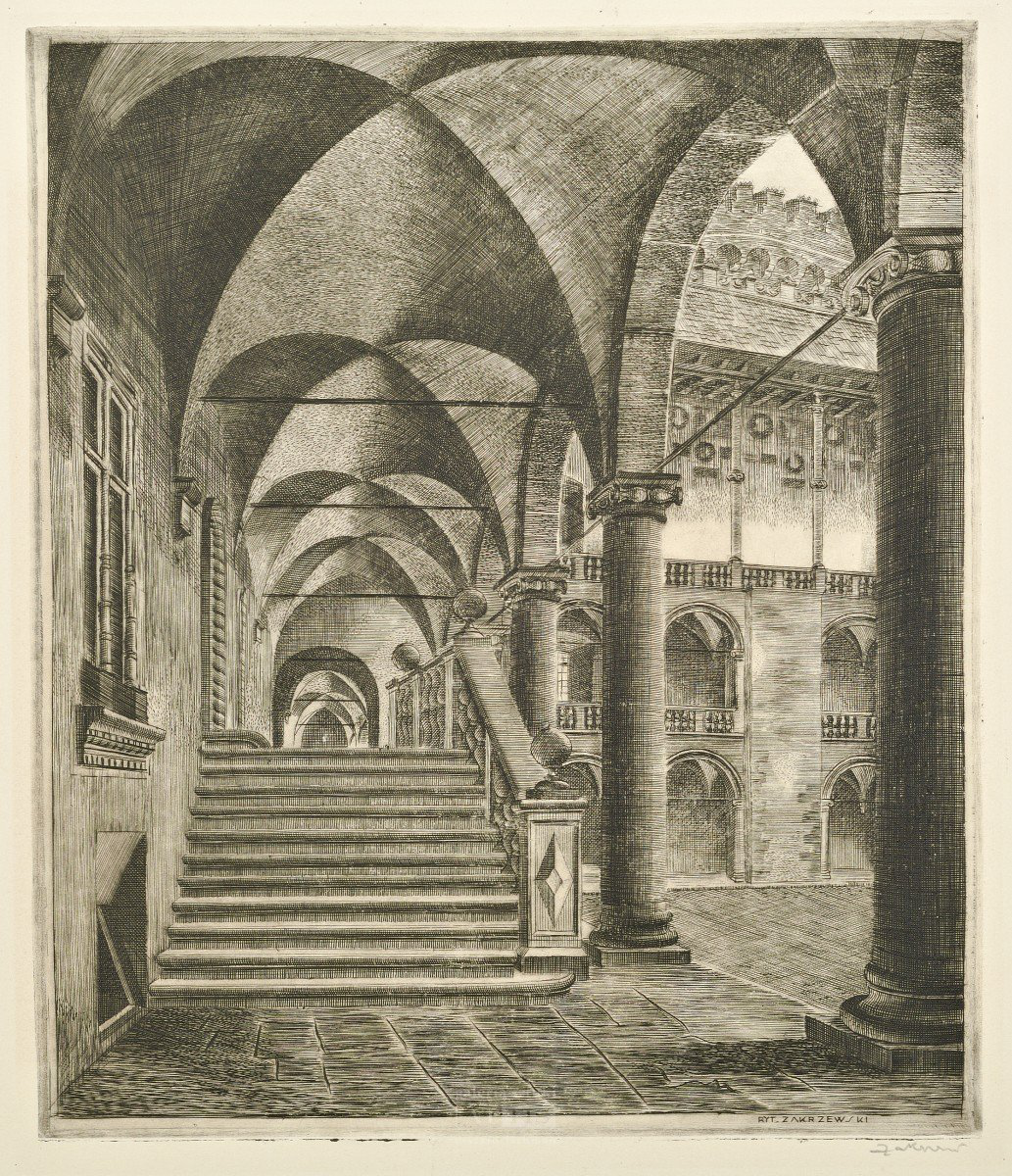 "Krużganki wawelskie" z teki "Zabytki Krakowa w miedziorytach W. Zakrzewskiego"