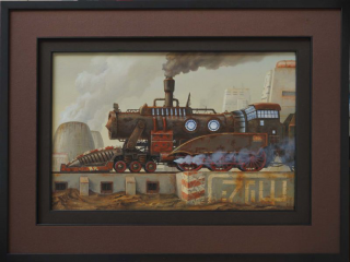 A steam locomotive filled with blue