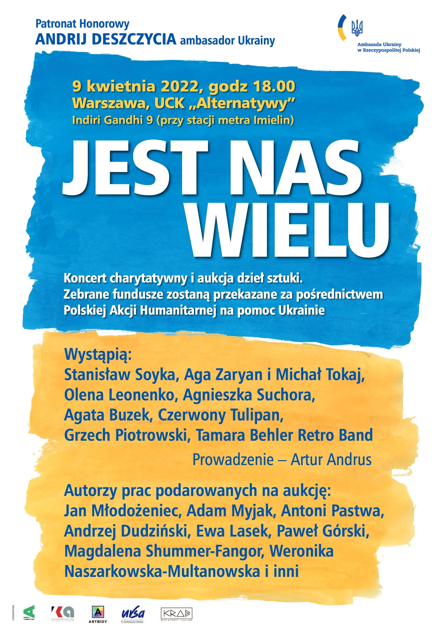 Plakat charytatywnego koncertu i aukcji sztuki "Jest nas wielu" z podpisami artystów