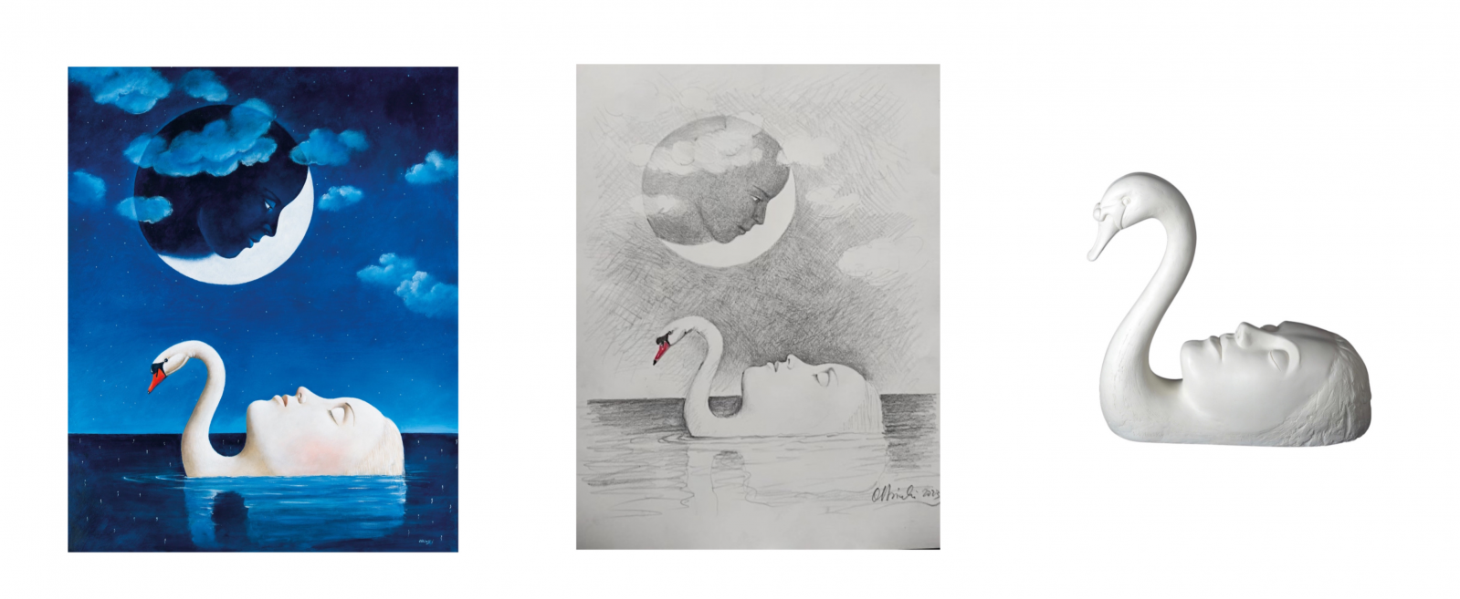 Set of Three Artworks: a Painting and a Drawing 'L'ombre De La Lune' and a Scultpture 'La Donna Del Lago'