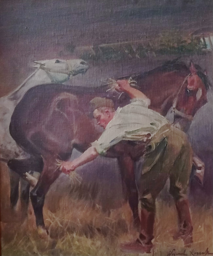 Polish Uhlan Cleaning a Horse